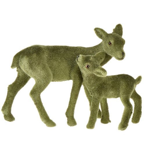Artikel Decoratiefiguren herten Kerstgroen gevlokt hert met reekalf in een set H9/5,5cm 4 stuks