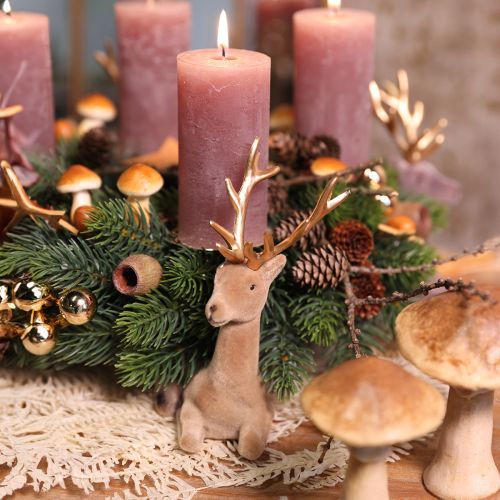 Artikel Zittend hert decoratie geflockt lichtbruin 15×6×15,5cm 3 stuks
