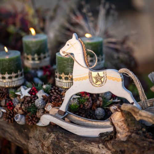 Artikel Hobbelpaard hout, kerstversiering witgoud H24cm