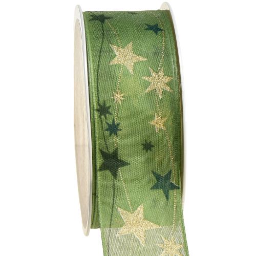 Floristik24 Kerstlint met sterren cadeaulint groen met draadrand 40mm 15m