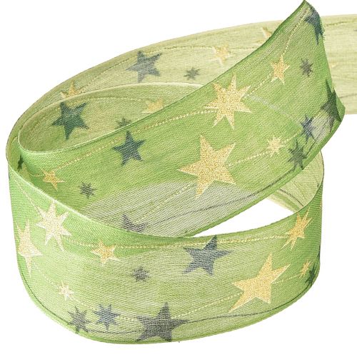 Floristik24 Kerstlint met sterren cadeaulint groen met draadrand 40mm 15m