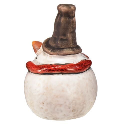 Artikel Sneeuwpopfiguur van keramiek, 8,5 cm, met hoge hoed en rode sjaal - Kerst- en winterdecoratie - 3 st