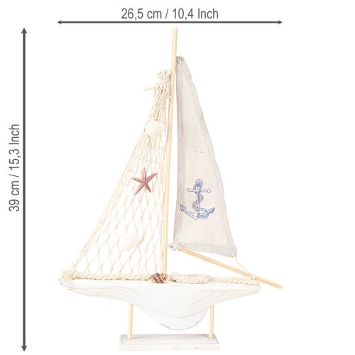 Artikel Zeilboot decoratie hout grenen op voet naturel wit H39cm