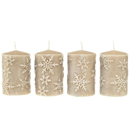 Floristik24 Stoerkaarsen beige kaarsen sneeuwvlokken 100/65mm 4 st