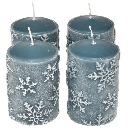 Floristik24 Stoerkaarsen blauwe kaarsen sneeuwvlokken 100/65mm 4 st