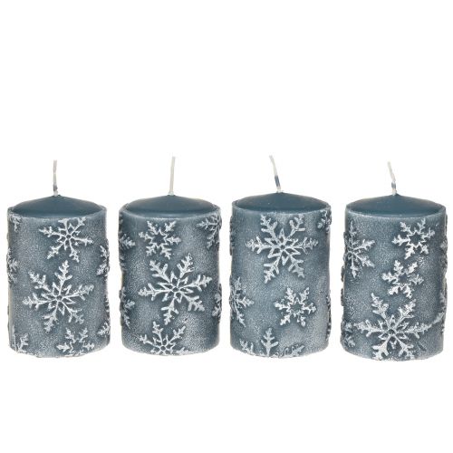 Floristik24 Stoerkaarsen blauwe kaarsen sneeuwvlokken 100/65mm 4 st