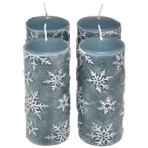 Floristik24 Stoerkaarsen blauwe kaarsen sneeuwvlokken 150/65mm 4 st
