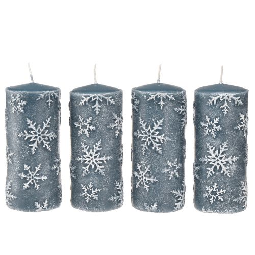 Floristik24 Stoerkaarsen blauwe kaarsen sneeuwvlokken 150/65mm 4 st