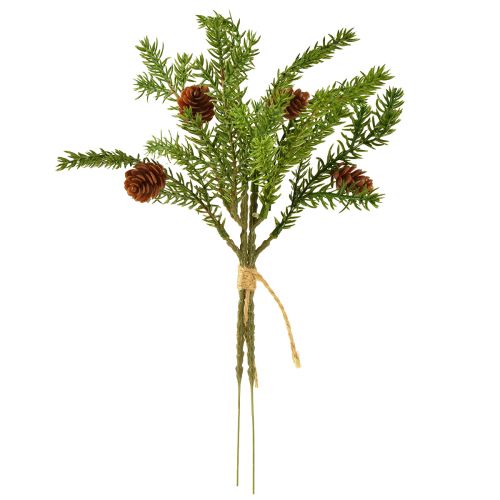 Artikel Kunstsparrentak met twee natuurlijke kegels – gebonden met jute – perfecte kerstdecoratie 28 cm 4 stuks
