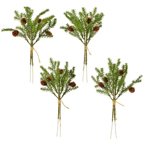Artikel Kunstsparrentak met twee natuurlijke kegels – gebonden met jute – perfecte kerstdecoratie 28 cm 4 stuks