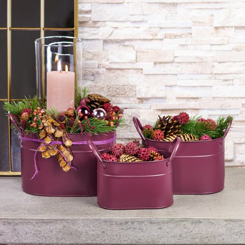 Plantenbak metalen ovale plantenpot paars 24/21/18cm set van 3 stuks