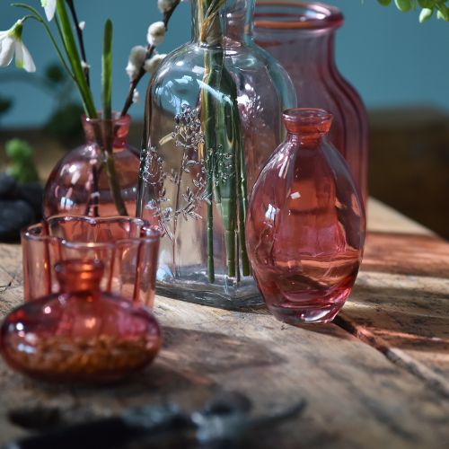 Artikel Vaas bolvormig mini vaasjes glas getint roze Ø7cm H12cm 6 stuks