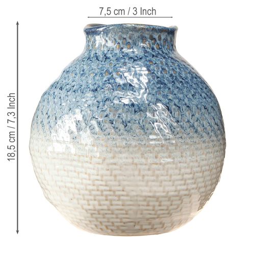 Artikel Keramische vaas geglazuurd blauw en wit gevlochten look H18,5cm