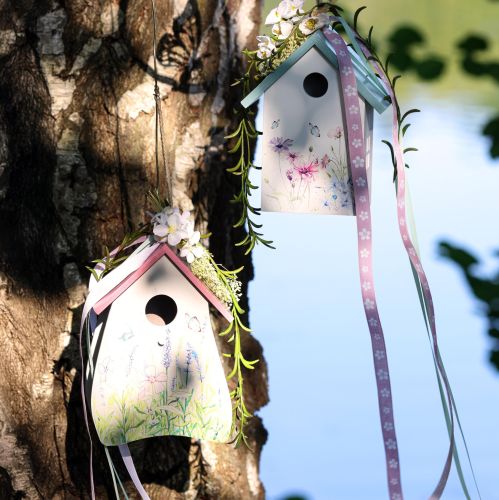 Artikel Vogelhuisje decoratie lente wit turkoois 15x10,5x19cm 2 st