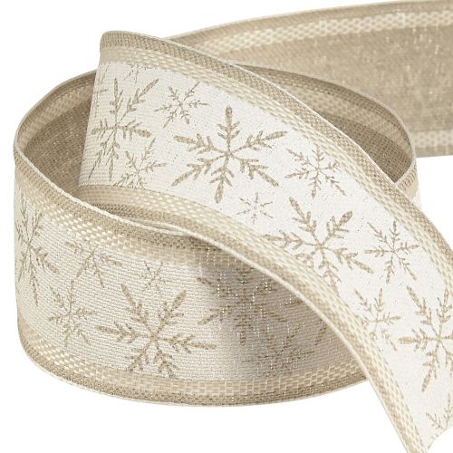 Floristik24 Kerstlint met sneeuwvlokken - winterlint met linnengehalte wit beige 40mm 12m