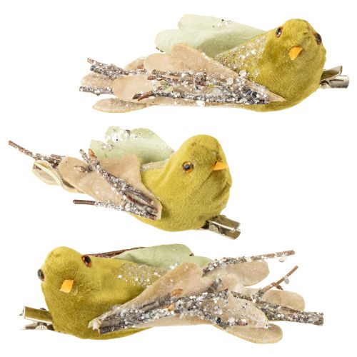 Artikel Kerstdecoratie vogel op clip groen, glitter 12cm 6 stuks assorti