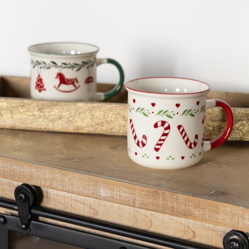 Artikel Kerstmok, keramiek, rood, groen, crème, 9 cm hoog, 2 stuks