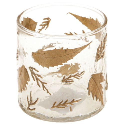 Artikel Lantaarn glas met gouden bladeren Ø7,5cm H8,5cm 2st
