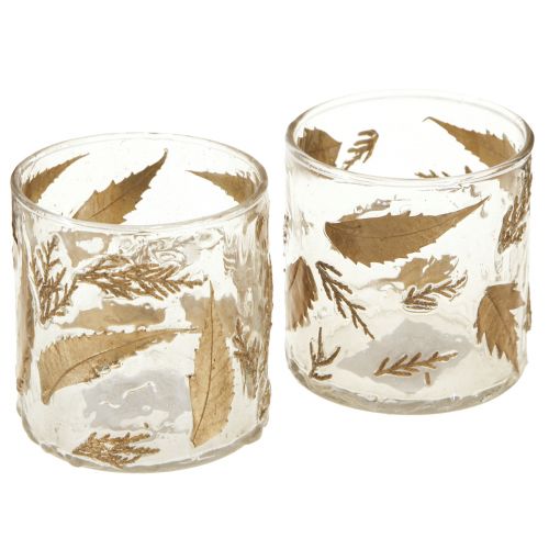 Artikel Lantaarn glas met gouden bladeren Ø7,5cm H8,5cm 2st