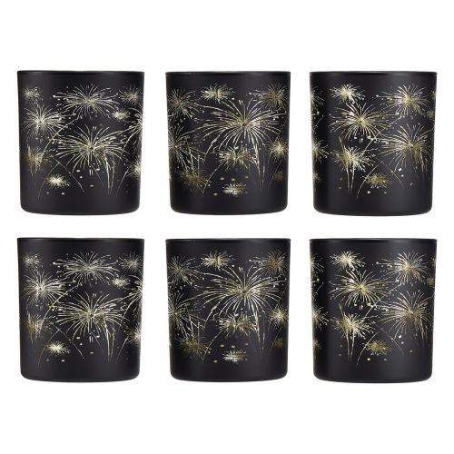 Artikel Elegante glazen lantaarn met vuurwerkontwerp - zwart en goud, 9 cm - ideale decoratie voor feestelijke gelegenheden - verpakking van 6