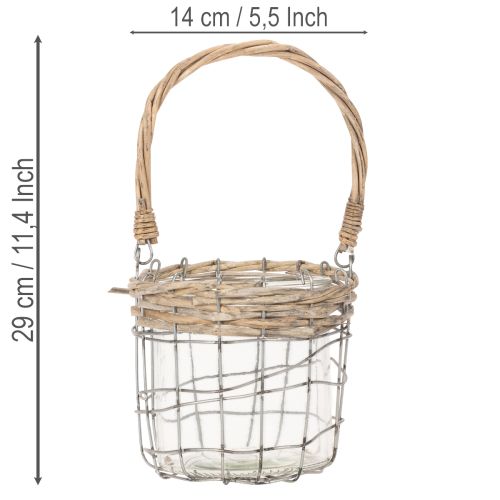 Hangende lantaarn, glas, metaal, wilgenhout, Ø14,5 cm, 2 stuks | Floristik24.nl
