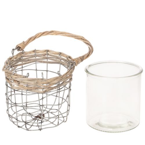 Hangende lantaarn, glas, metaal, wilgenhout, Ø14,5 cm, 2 stuks | Floristik24.nl