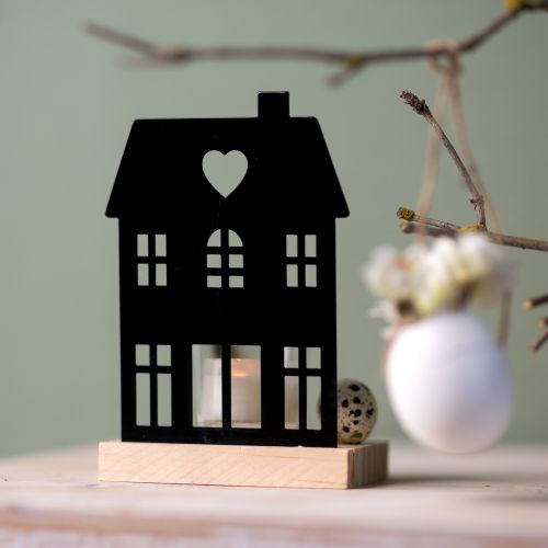 Lantaarnhuis metaal zwart met houten voet H15cm 2st