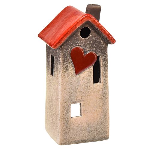 Floristik24 Huislantaarn van keramiek met rood dak en hartvenster - 17,5 cm 2 st