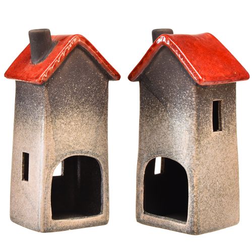 Artikel Huislantaarn van keramiek met rood dak en hartvenster - 17,5 cm 2 st