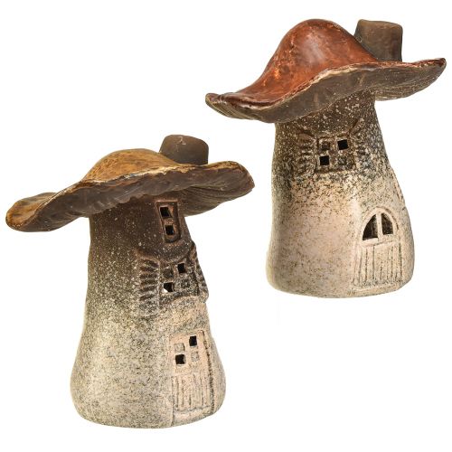 Floristik24 Magische Paddestoelenhuislantaarns – Rustiek Keramiek, Bruin, 14,5 cm – Unieke verlichtingsdecoratie, set van 2