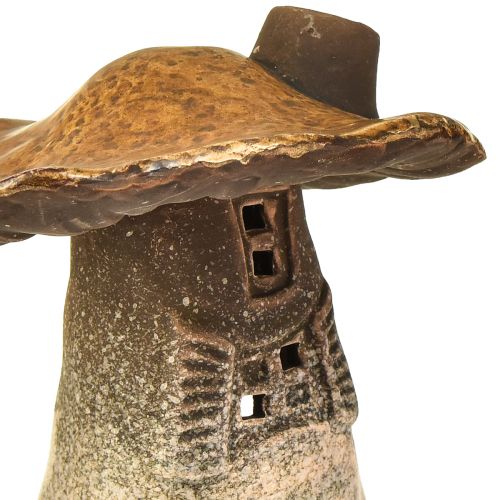 Floristik24 Magische Paddestoelenhuislantaarns – Rustiek Keramiek, Bruin, 14,5 cm – Unieke verlichtingsdecoratie, set van 2