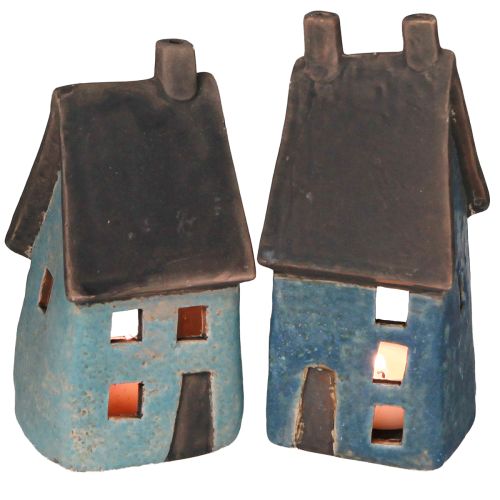 Floristik24 Lantaarnhuis keramiek huis blauw bruin H15,5/17,5cm 2 st