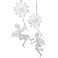 Floristik24 Fee met paardenbloem, lentedecoratie om op te hangen, metalen hanger wit, zilver H25.5/27.5cm 4st