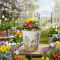 Blikken pot met vogelhuisjes, zomerdecoratie, plantenbak H14,5cm Ø13,5cm | Floristik24.nl