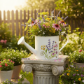 Witte metalen gieter met bloemenmotief, 13,5 cm, decoratieve plantenbak | Floristik24.nl