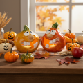 Decoratieve pompoenfiguur en theelichthouder, grappig gezichtje, herfstdecoratie, 12 cm, 2 stuks | Floristik24.nl