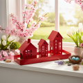 Metalen theelichthouder in de vorm van huisjes, rood, met schaaltje, 35 cm, 1 set | Floristik24.nl