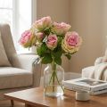 Kunst rozenstruik groen, roze 55cm | Floristik24.nl