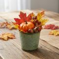 Planter met bladdecoratie, metalen bak voor de herfst, groene plantenemmer Ø10cm H10cm | Floristik24.nl
