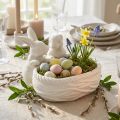 Konijnen met nest, tafeldecoratie, paasnest, porseleinen decoratie, decoratieve schaal wit L15cm H11cm | Floristik24.nl