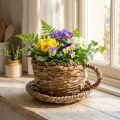 Plantenpotje met schotel, klein rieten plantenmandje, Ø17cm H13cm | Floristik24.nl