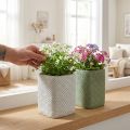 Plantenbak keramiek wit groen reliëf mesh 12x12cm H17.5cm 2st | Floristik24.nl