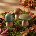 Keramische paddenstoeldecoratie in bruin, groen en blauw, herfstdecoratie, hoogte 6-7,5 cm, 3 stuks | Floristik24.nl