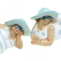 Floristik24 Dames op het strand, badende schoonheden, zeedecoratie blauw/wit H7/8cm L17cm set van 2