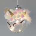 Floristik24 Kerstbal eenhoorn met LED lichtketting snoepkleuren, transparant glas, pompon Ø8cm Voor batterijen