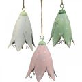 Metalen bloesems, hyacinten om op te hangen, lentedecoratie, metalen hanger H10.5cm wit, roze, groen set van 3