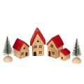 Floristik24 Houten decoratieve huisjesset met rode daken en sparren, 12 cm, 6 stuks