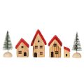 Houten decoratieve huisjesset met rode daken en sparren, 12 cm, 6 stuks | Floristik24.nl