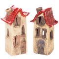 Floristik24 Keramische huisdecoratie met rood dak, verlicht huisje, 15 cm, 2 stuks