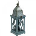 Houten lantaarn met metalen decoratie, decoratieve lantaarn om op te hangen, tuindecoratie blauw-zilver H51cm